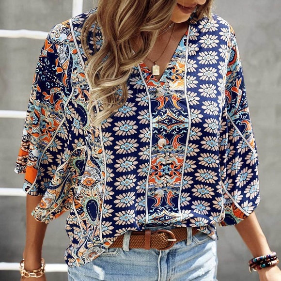 Boho Floral Print Kimono Sleeve Oversized Top - Picture 5 of 8